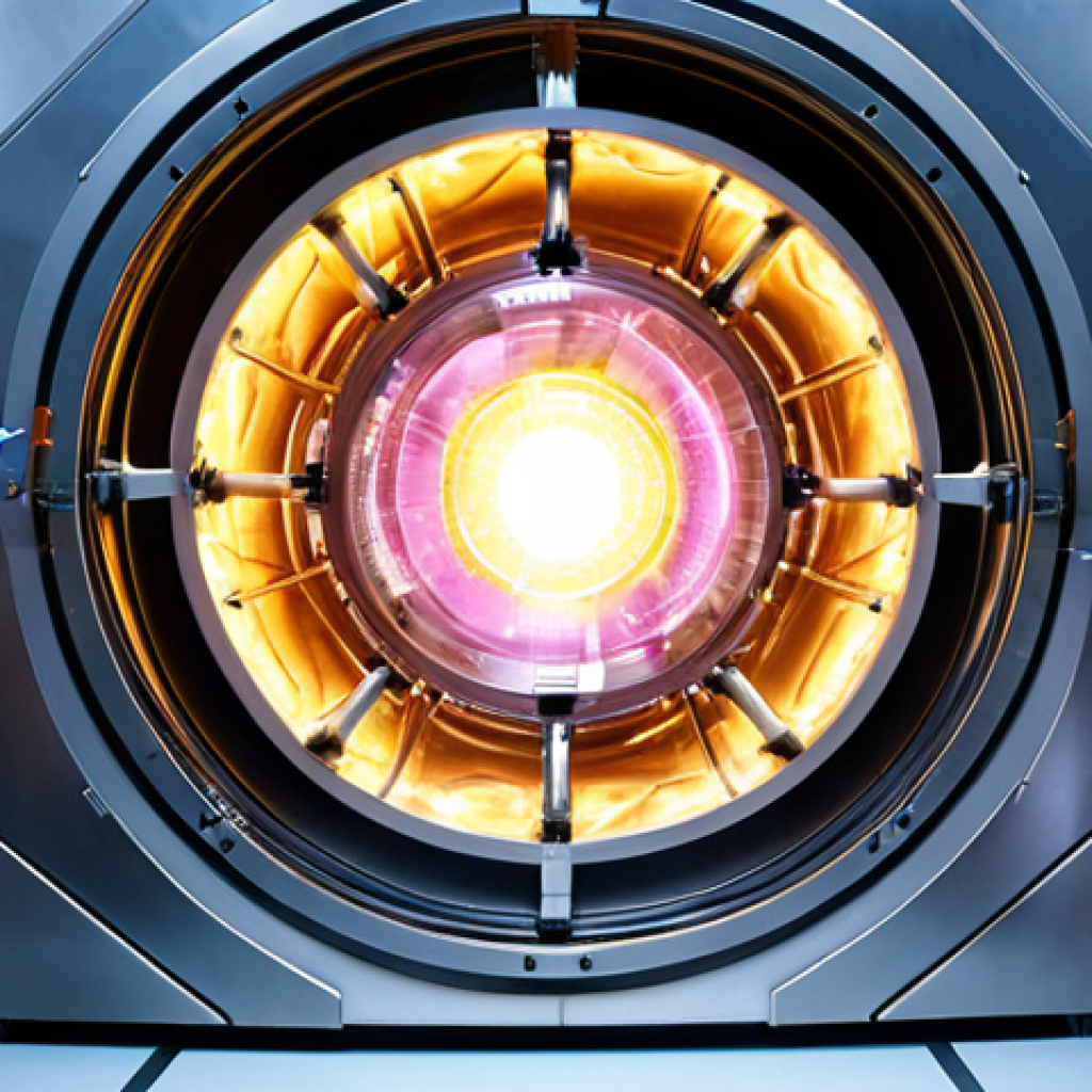 **

A futuristic fusion reactor core, showcasing the magnetic confinement of plasma. Include swirling, bright plasma contained within invisible magnetic fields. Scientists in lab coats observe the reactor through a reinforced glass window. The scene emphasizes innovation and scientific progress.

**
