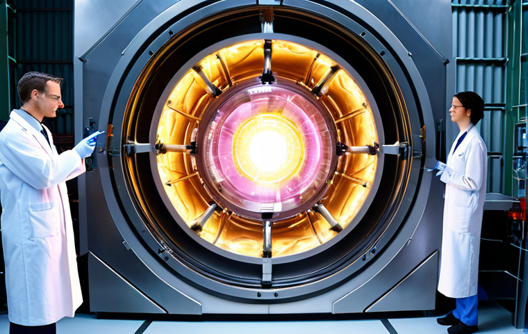 **
A futuristic fusion reactor core, showcasing the magnetic confinement of plasma. Include swirling, bright plasma contained within invisible magnetic fields. Scientists in lab coats observe the reactor through a reinforced glass window. The scene emphasizes innovation and scientific progress.
**